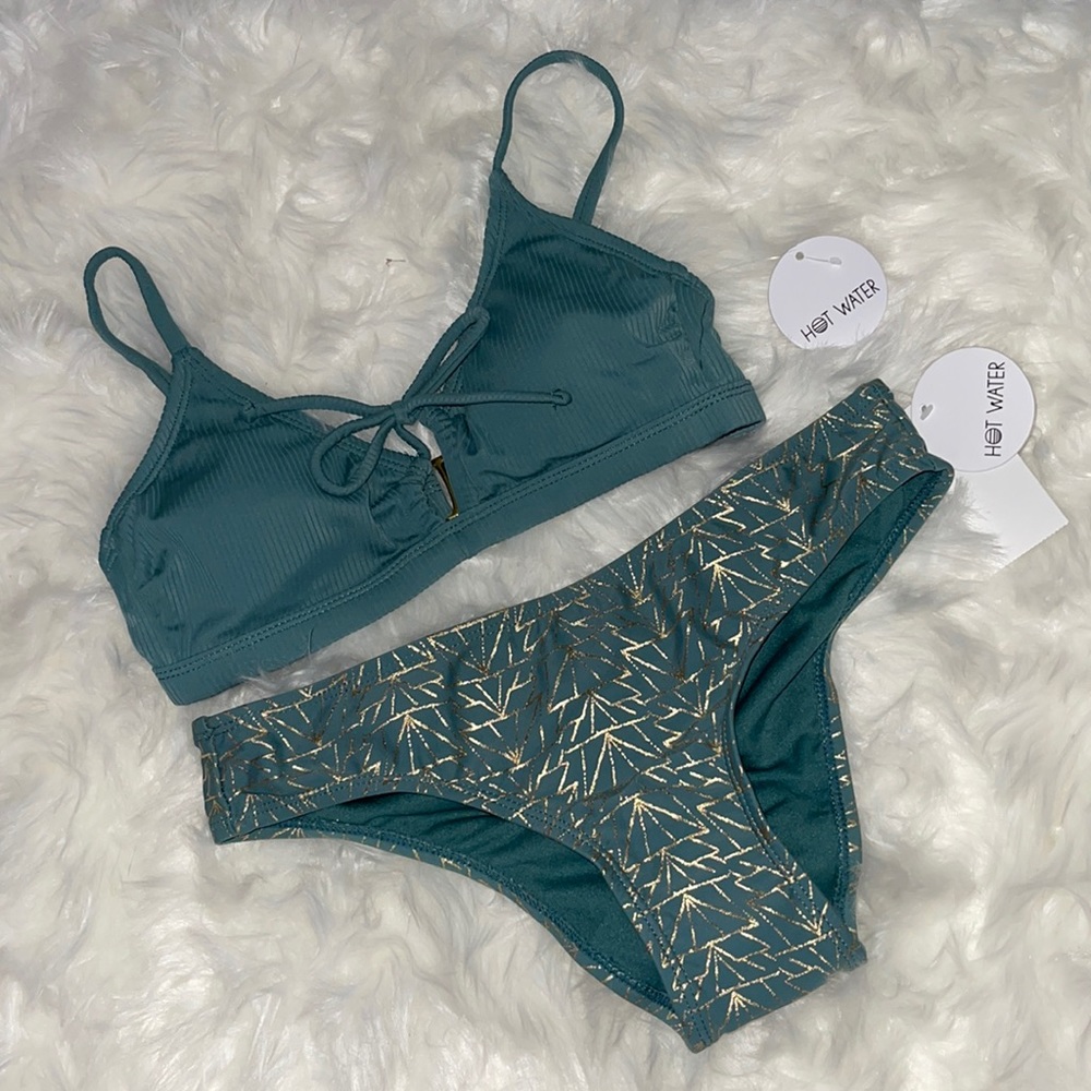 Hot Water Teal Green & Gold Metallic Bikini
